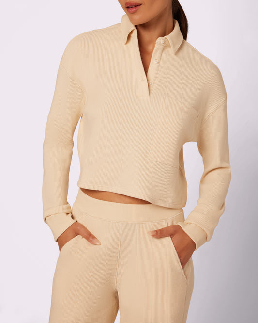 Cozy Casual Polo Long Sleeve | Cozy Waffle (Creme Brulee)