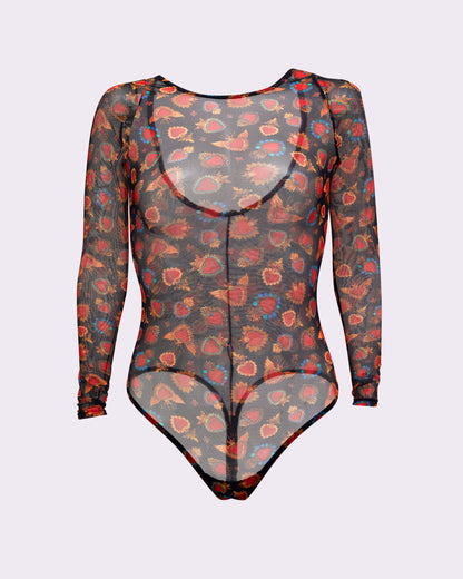 Silky Mesh Long Sleeve Bodysuit | Silky Mesh (Crowned Hearts)